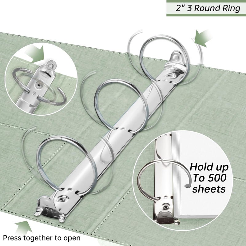 BVSSX 2 Inch 3 Ring Linen Binder Organizer, Three Ring Binders with Clipboard, Plastic Folder, 5-Tabs Pocket Dividers with Sticker Labels, Pen Loop, Elastic Strap (Sauge, Letter Size) - Image 3